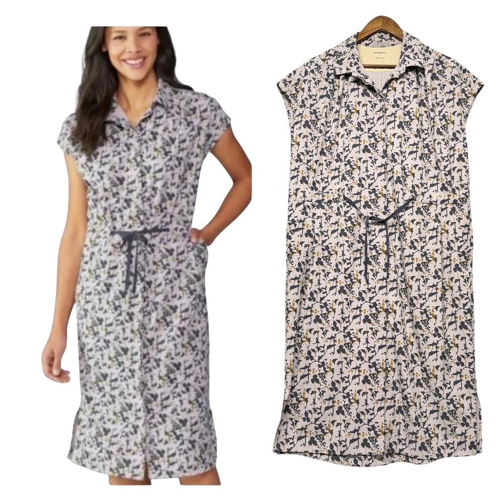 Women's Floral Shirt Dress with Drawstring Waist - Cream/Blue